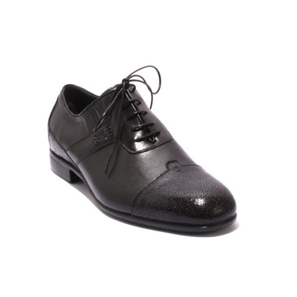 Italian VINICIO CAMERLENGO 8345 Black Leather Stamped Lace-Up Classic Shoe - Picture 1 of 8